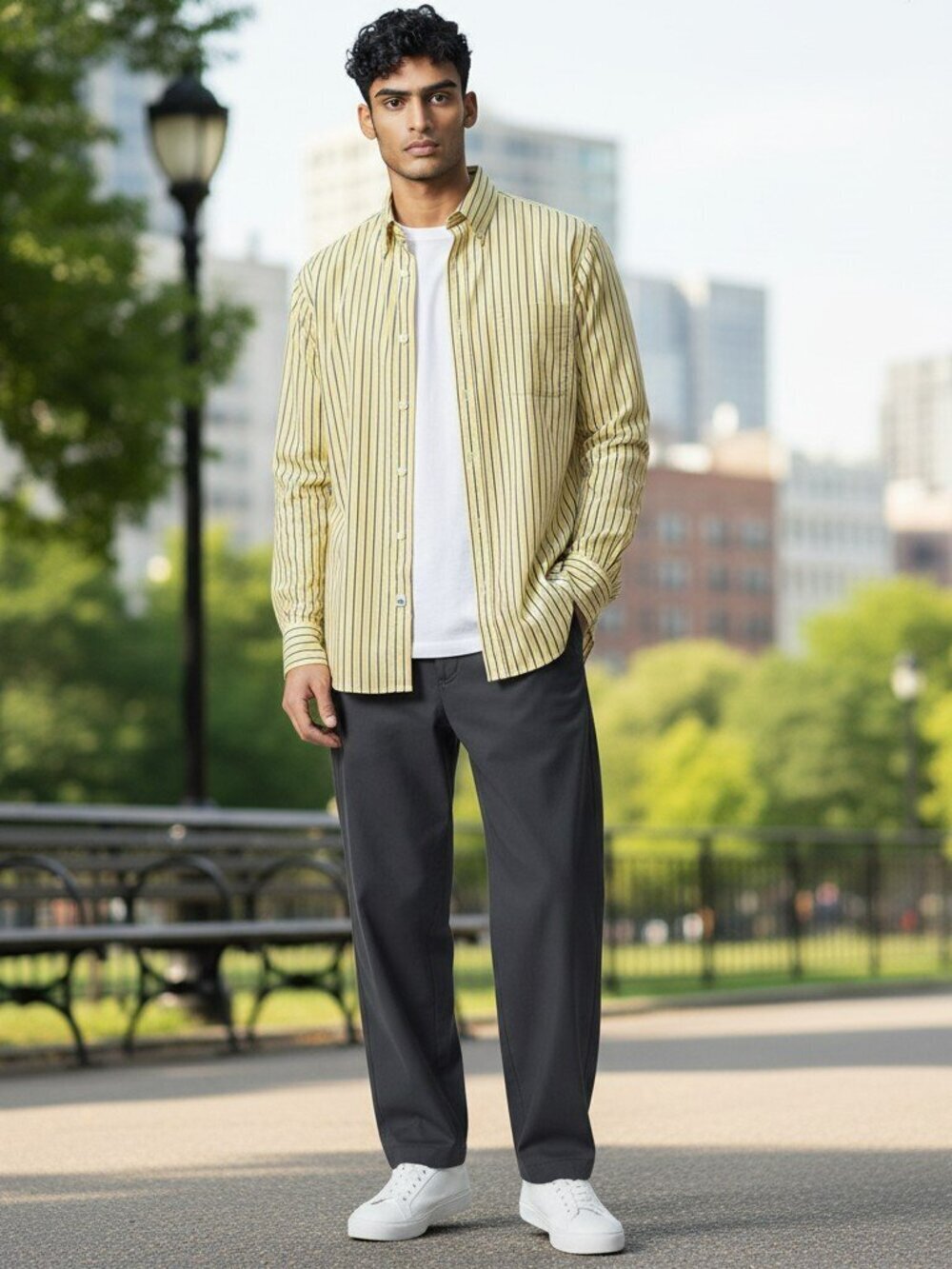 Lauren Ralph Lauren Mens 16.5 Large Yellow Striped Long Sleeve Button Up Shirt